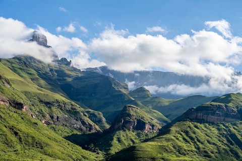 Drakensberg Mountains and Cliffs with Fog, Amphitheatre, Drakensberg National Park, KwaZulu Natal,