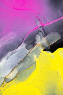 Vibrant neon pink, yellow, and gray abstract art displayed on a black paper background