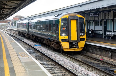 British Rail Class 158 Express Sprinter train diesel multiple 158767, Westbury railway station,