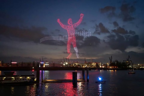Drone light show over the Elbe as part of the Hamburg Olympic bid on 26.02.2026, Landungsbrücken,