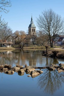 Town view with St.Aegidius church at the Emssee, Wiedenbrück, Rheda-Wiedenbrück, Westphalia, North