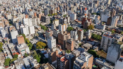 From above, this image captures the dense architectural landscape of Rosario city, Argentina,