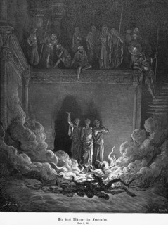 Daniel, chapter 3, verse 23, The king has the three men Shadrach, Meshach and Abed-Nego thrown into