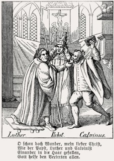 Caricature of the disputes between Martin Luther and Johannes Calvin