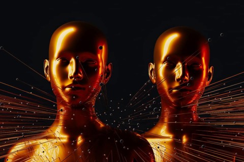 Two metal humanoids stand between illuminated lines representing the concept of artificial
