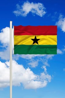 National flag of Ghana, West Africa, Cumulus clouds in front of blue sky, Studio