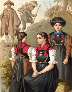 Traditional costumes in Germany around 1820, Tyrol, Lechtal, woman in traditional costumes and