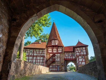 View from Mittagsturm to Rödelseer Tor, Iphofen, Lower Franconia, Mainfranken, Bavaria, Germany