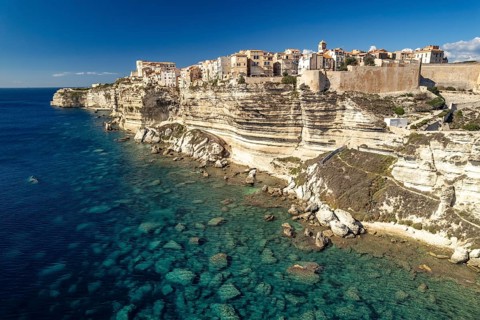 Bonifacio and the cliffs seen from the air, Corsica, France