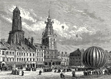 Departure of balloon le Neptune, Place d'Armes, Calais, France, 1868