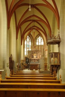 Interior view with pulpit of the UNESCO St Martin's Church, Sankt, Lorch, Rheingau, Taunus, Hesse,