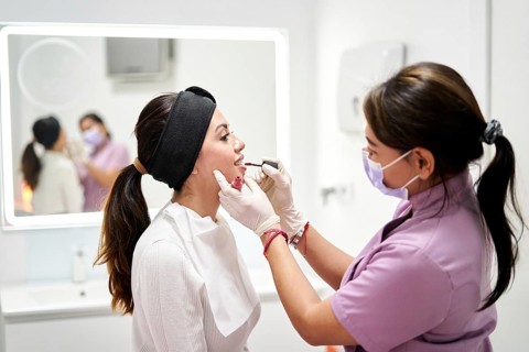A skilled practitioner performs an aesthetic treatment on a client in a modern beauty salon. The