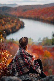 A woman in a hat and plaid blanket gazes over a picturesque autumn landscape in Quebec, Canada,