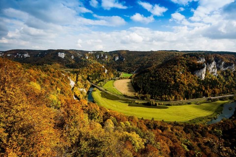 Autumnal forest and Wildenstein Castle, Rauher Stein viewpoint, near Leibertingen, Upper Danube