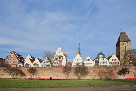 View of fishing district with historic city wall and butcher tower, front of houses, Ulm,