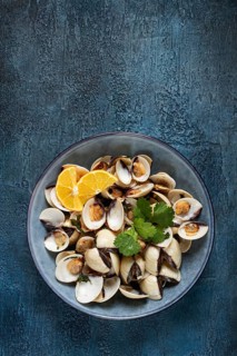 Vongole clams, with spices and white wine, top view, no people