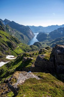 Picturesque mountain landscape, Trollfjord and Raftsund fjord, hike to Trollfjord Hytta, Lofoten,