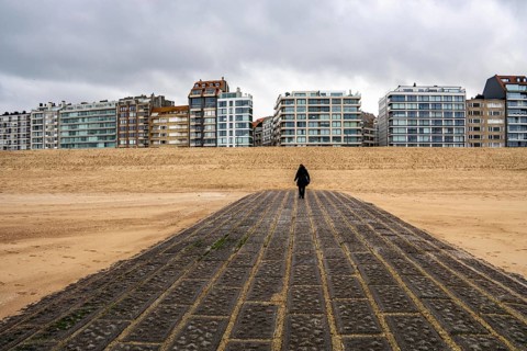 The skyline of Knokke-Heist, on the North Sea beach, dreary winter day, mostly apartment buildings