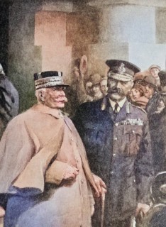 The coordination of Allied strategy: General Joffre leaving the War Office with Lord Kitchener on