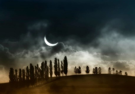 Fantasy landscape, partial solar eclipse