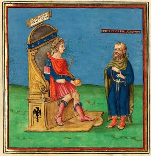 Greek Stoic philosopher Epictetus disputing with Roman emperor Hadrian or Publius Aelius Hadrianus