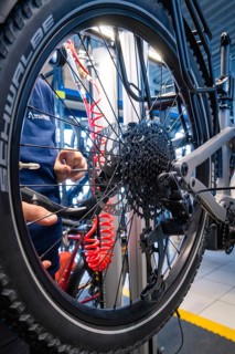 Close-up of a bicycle wheel with Schwalbe tyres in a workshop during maintenance, Waldbike