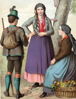 Traditional costumes in Germany around 1820, Austria, Styria, Two woman and a man in traditional