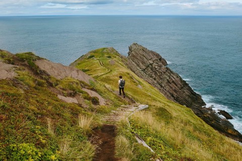 Back view of an unrecognizable male hiker exploring the rugged trails of Middle Cove, overlooking