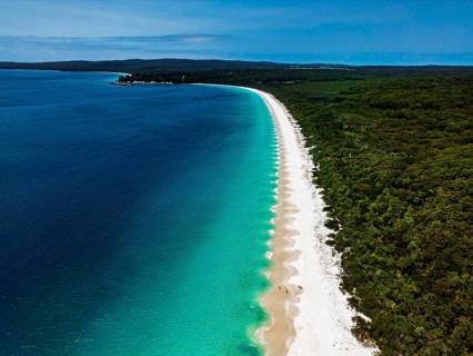 Aerial view of a pristine beach with white sand, turquoise waves, and lush greenery along the
