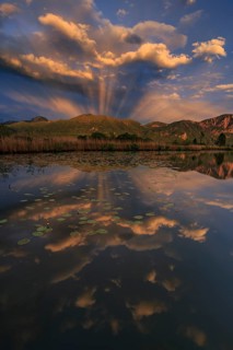 Mountains reflected in lake, cloudy mood, evening light, Kochler mountains, Loisach-Lake Kochel