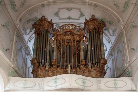 The main organ in the Evangelical Lutheran City Church of St. Stephen in the old town of Lindau,
