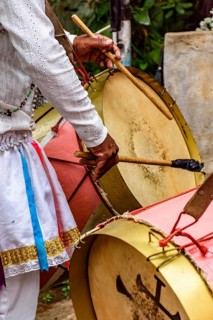 Musicians with colorful drums on the streets of Brazil during a popular festival, Belo horizonte,