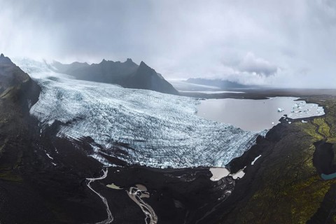 Aerial view of the vast Vatnajökull Glacier within Vatnajökull National Park, displaying a dramatic