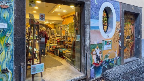 Colourfully painted doors on Santa Maria Street in the old town, Funchal, Madeira, Portugal