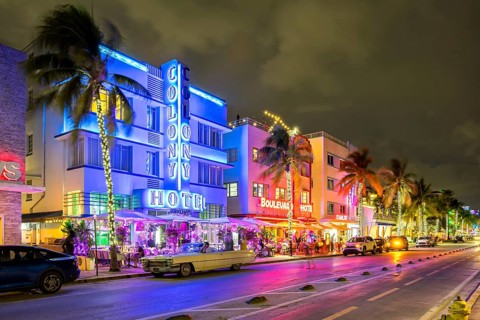 Miami Beach Florida building on Ocean Drive in art deco architecture style at night in Miami Beach,