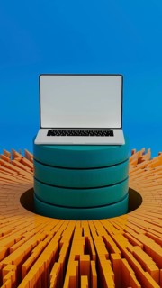 A laptop stands surrounded by vibrant data elements, symbolizing connection and network activity
