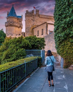 Tourist visiting the outside of the Royal Palace of the medieval town of Olite, in southern Navarra
