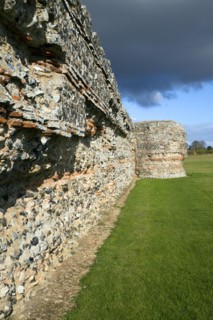 Brick work walls of Roman fort, Burgh Castle, Great Yarmouth, Norfolk, England, United Kingdom