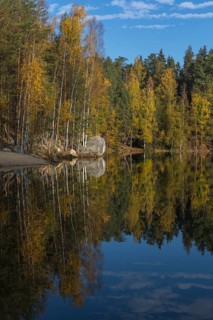Adršpašské pond, lakeshore with trees and rocks on a sunny day in autumn, Dolní Adršpach, 549 57