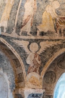 Aubazat. Wall paintings of the Romanesque style in Saint-Barthélemy chapel located in Peyrusse,