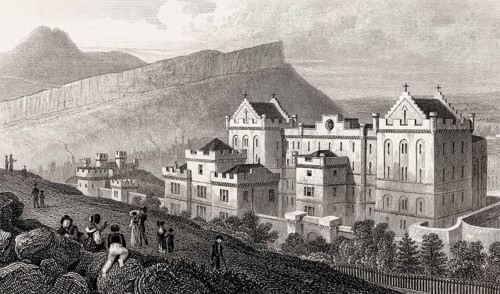 The new Bridewell, Salisbury Crags, and Arthur's Seat from Calton Hill, Edinburgh, Scotland, 19th