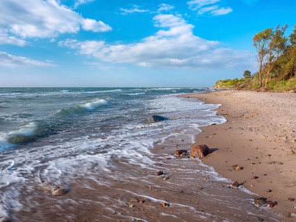 Natural secluded stretch of coast with surf on the beach of the stormy Baltic Sea, foam crowns on