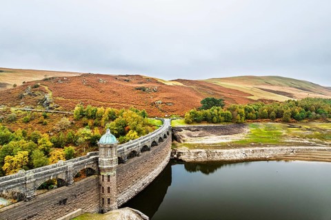 Autumn over Craig Goch Dam from a drone, Elan Valley Reservoirs, Elan Valley, Rhayader, Powys,