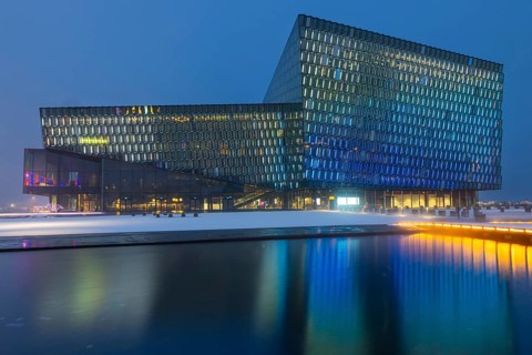 Harpa concert hall, Tónlistar- og ráðstefnuhúsið í Reykjavík, reflection, blue hour, winter,