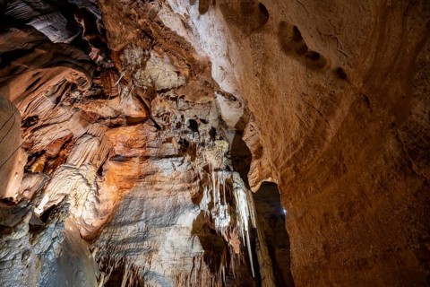 Stalactites and stalagmites, rock formations in a stalactite cave, Grotta del Fico, Gulf of Orosei,