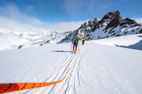 Ski tourer with rope, rope team on the Vadret da Porchabella glacier on the ascent to the summit of