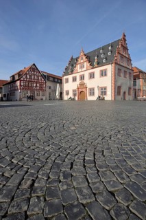 Market square with Renaissance town hall, view from below, perspective, paving stones,