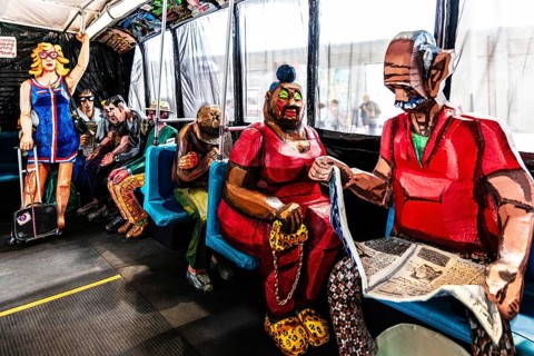 Sculpture The Bus by artist Red Grooms, depicting hectic city life with various passengers, FENIX,
