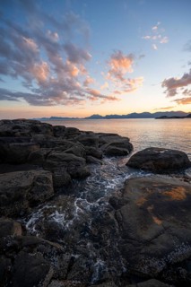 Rocky coast, coastal landscape at sunset, Henningsvær, Lofoten, Nordland, Norway