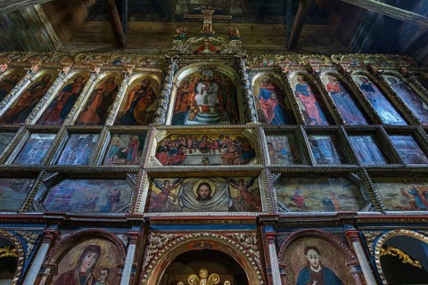 Orthodox chancel painted with iconostases, 16th century Gothic wooden church of St. Paraskevi,
